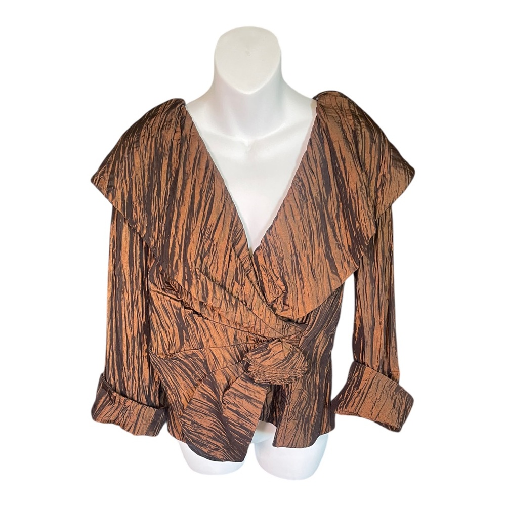New Cachet  Size 10 Chocolate Brown Crinkle Wrap Dressy Blouse Top Architecture